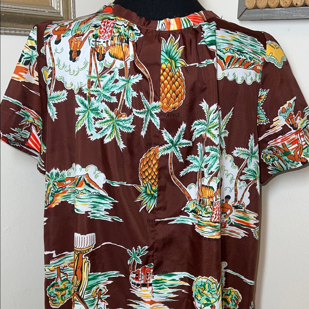 Vintage Made in Hawaii Brown Tropical Print Short-Sleeve Shift Dress Sz.M - Picture 5 of 12